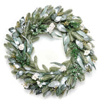 Northern woodland wreath with white flowers on a white background