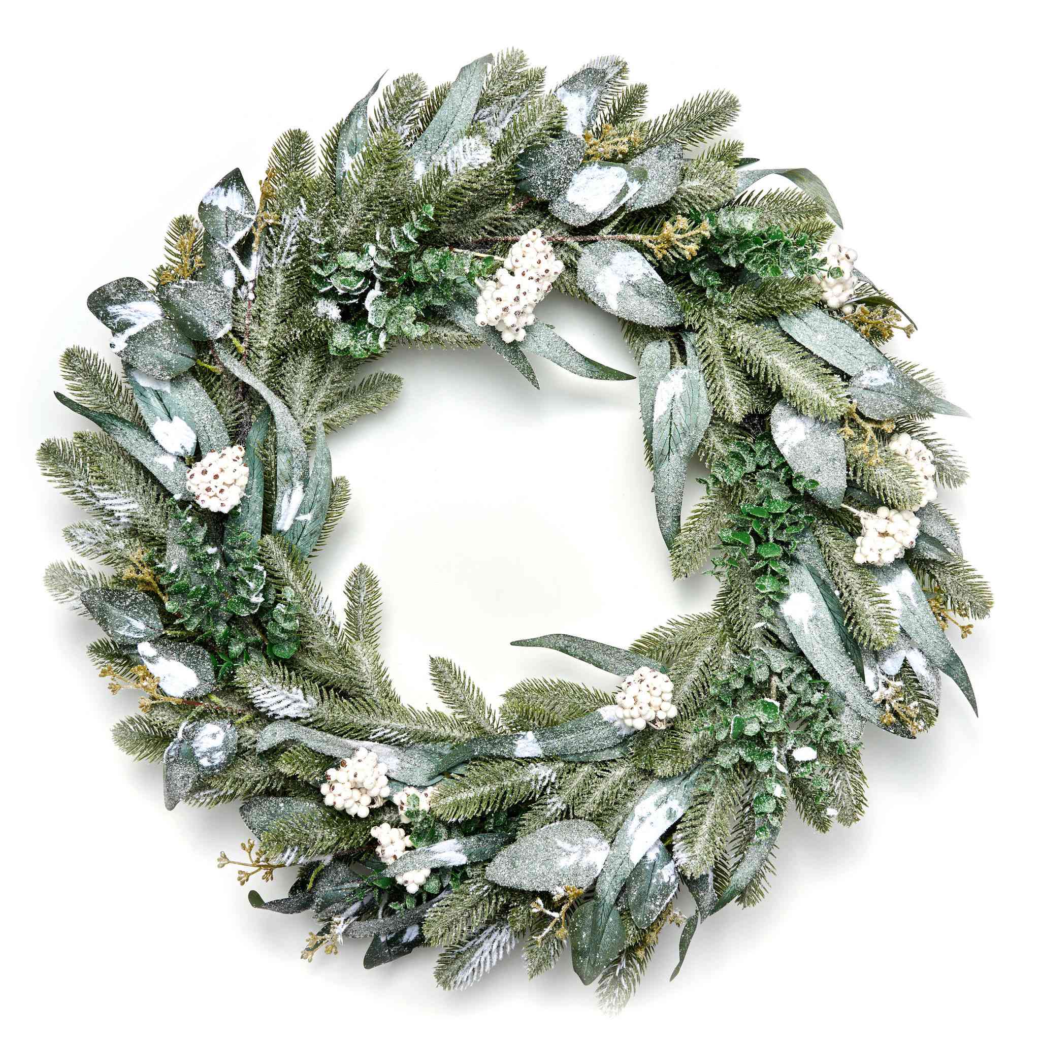 Northern woodland wreath with white flowers on a white background