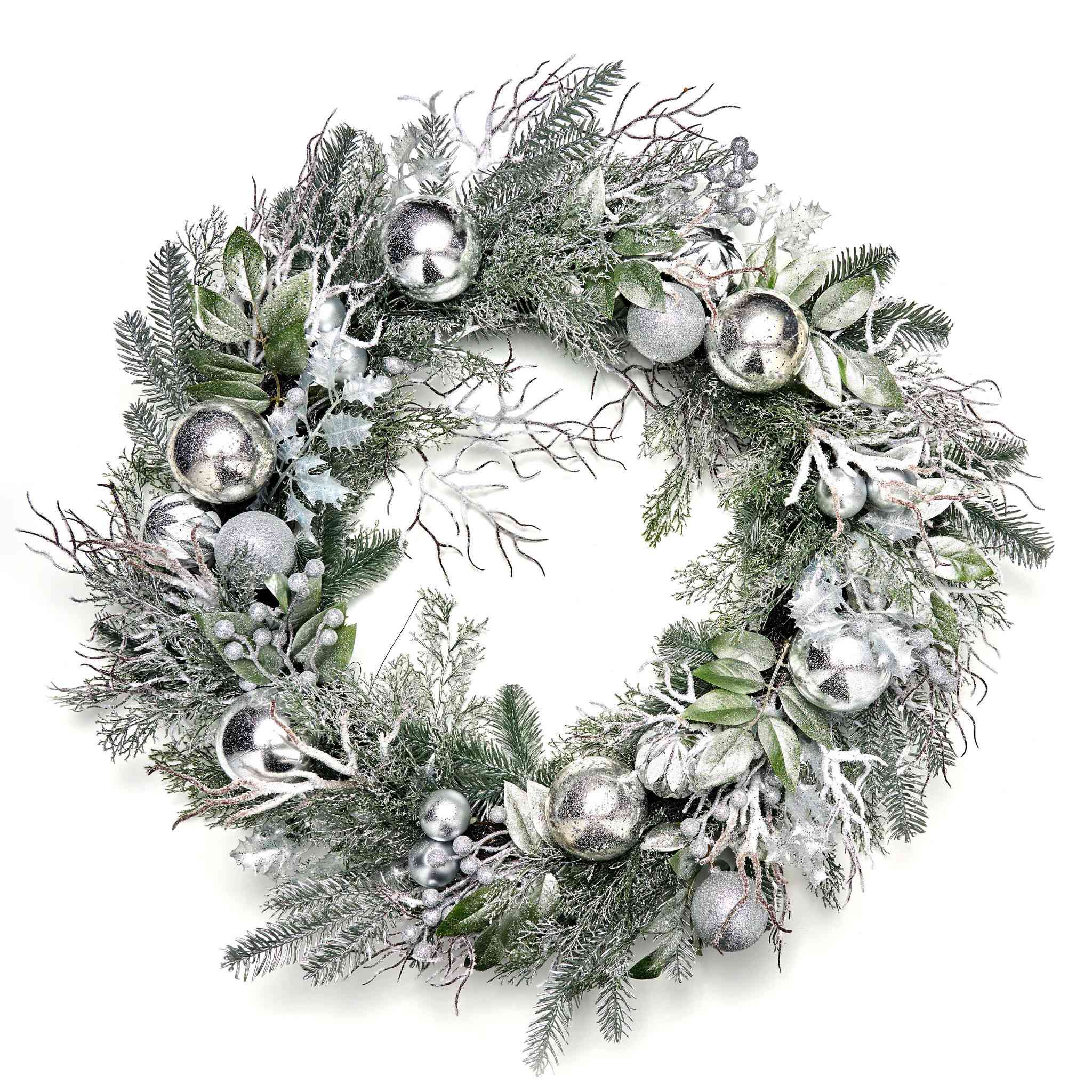 Decorative wreath with silver ornaments on a white background