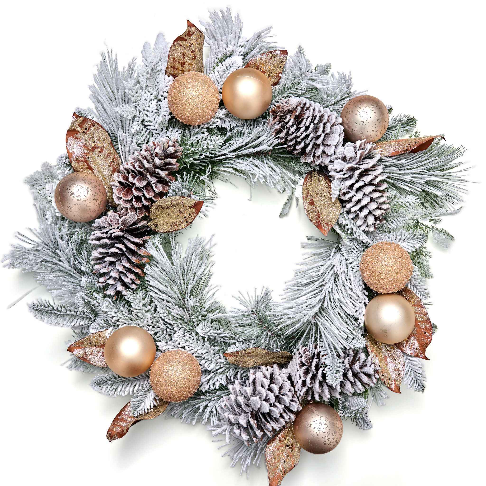 Decorative Christmas wreath with pine cones, gold balls, and other ornaments on a white background
