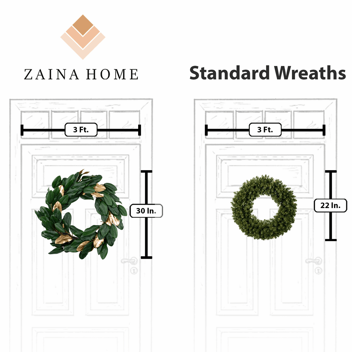 30 inch green & gold magnolia wreath size comparison with other regular wreath.
