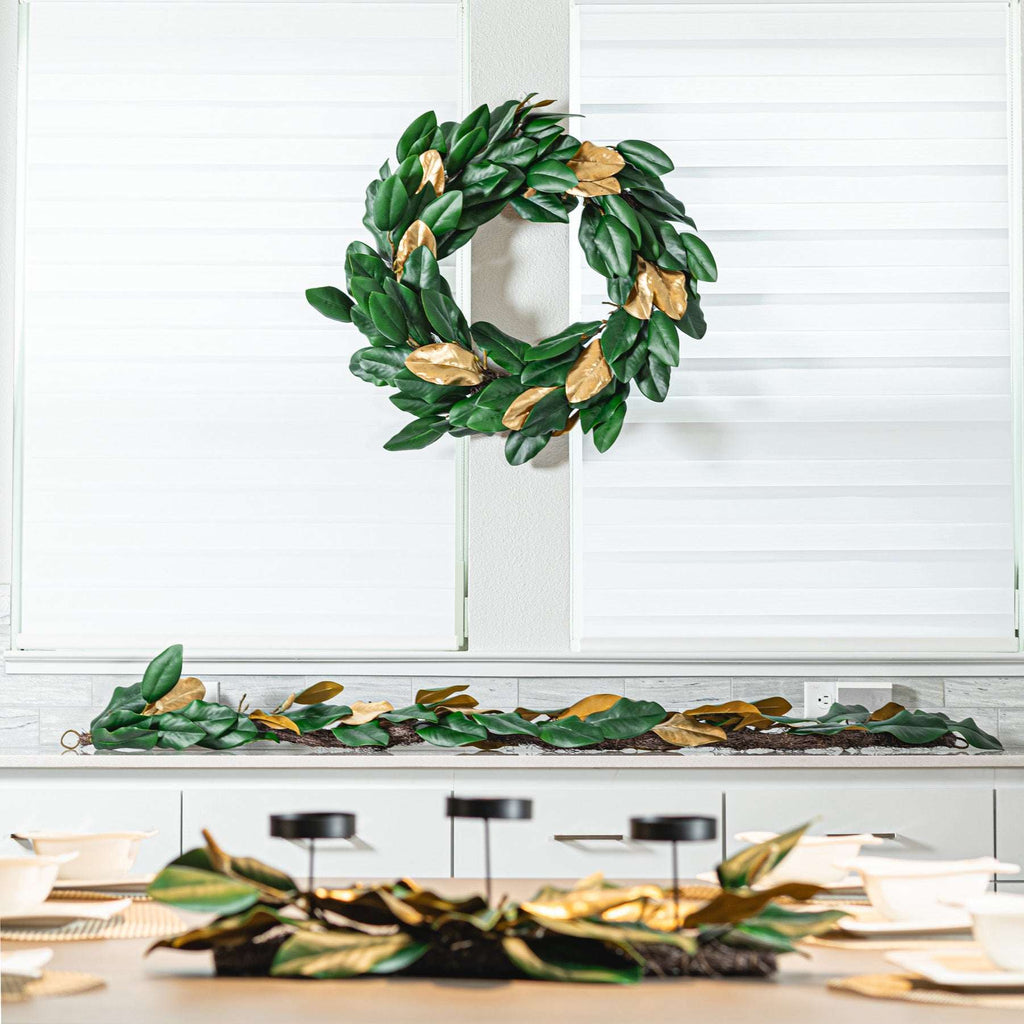 30 inch green & gold magnolia wreath with garlands and centerpiece