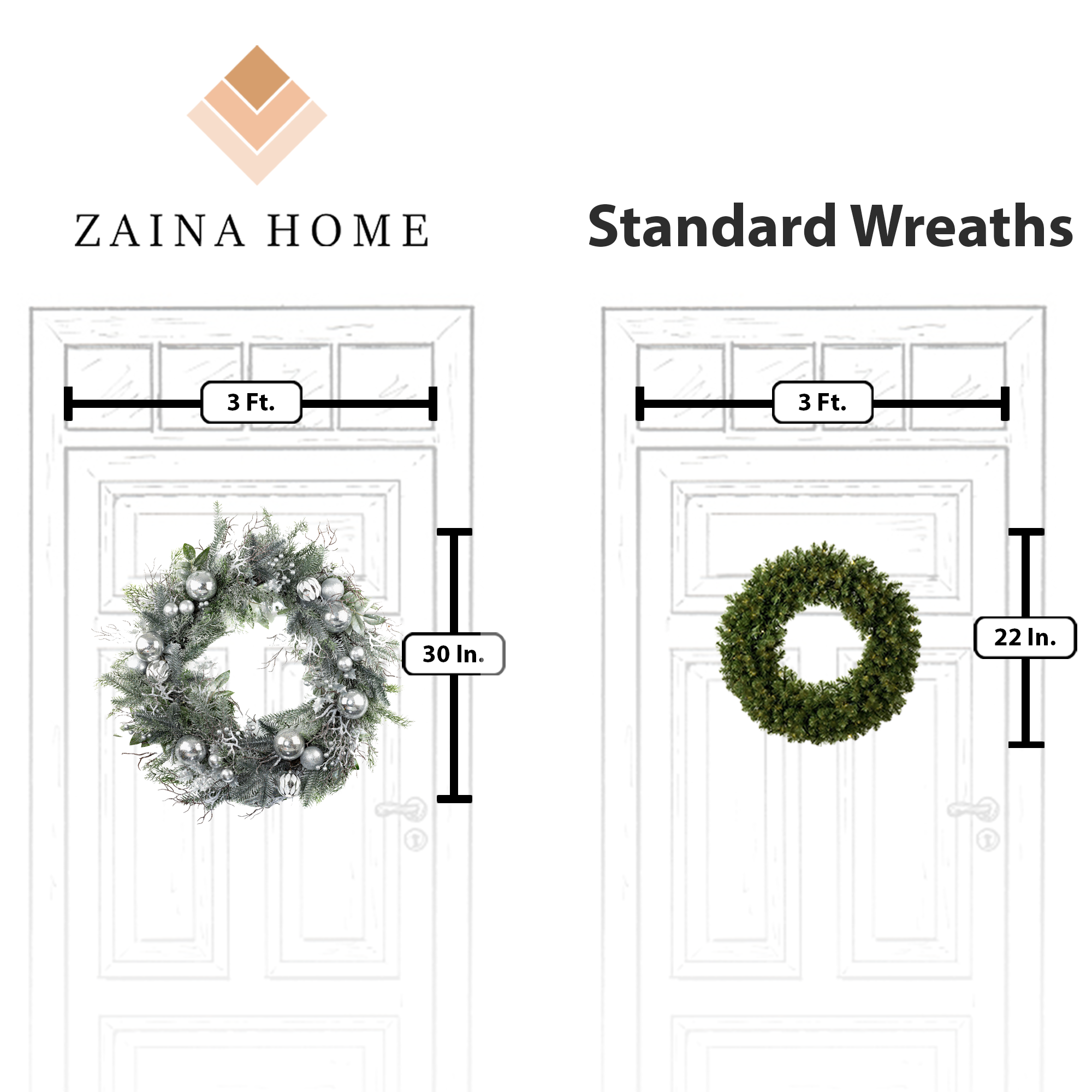 30 inch Silver Balls and Foliage Wreath vs Regular Wreath - Size Comparison
