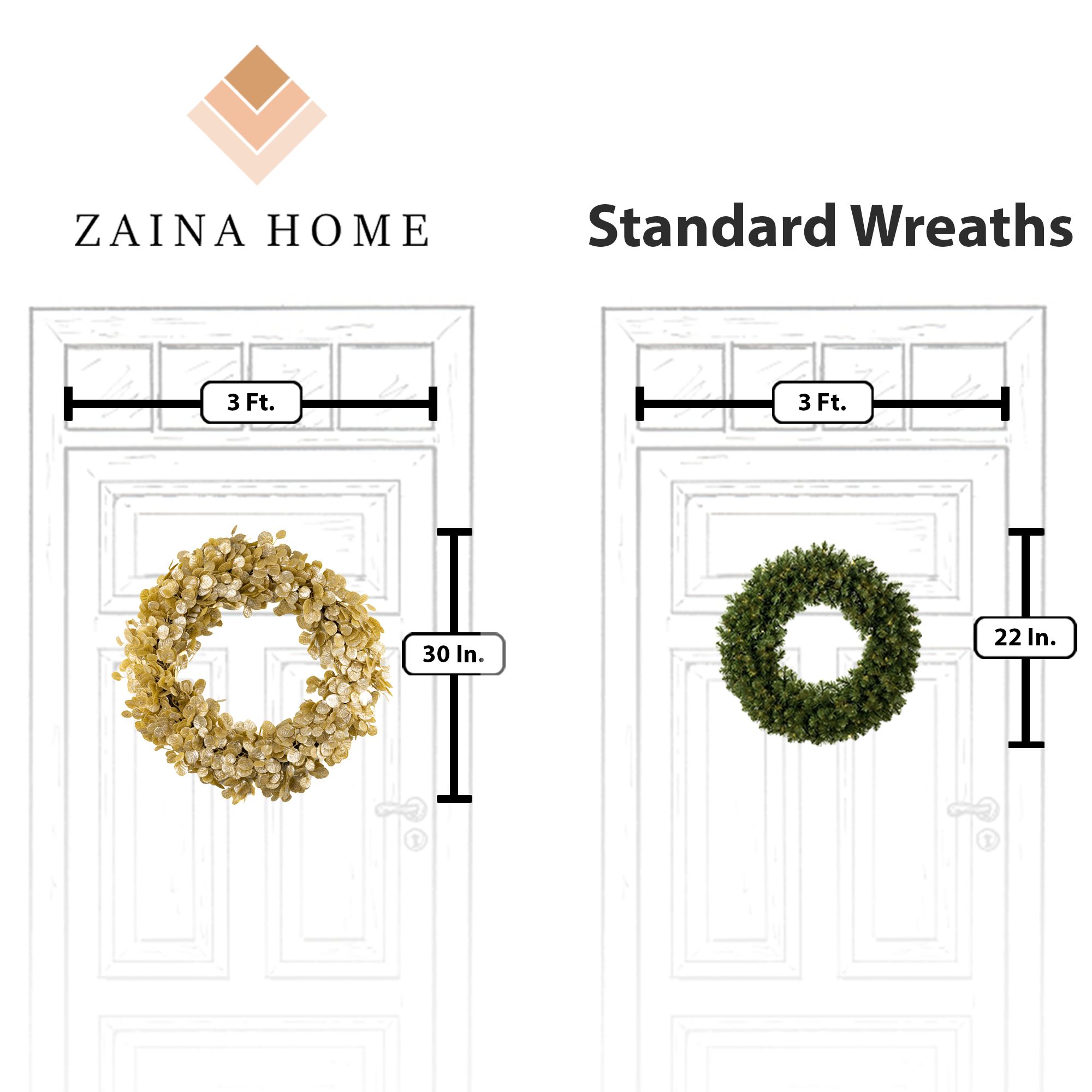 30 inch dripping In gold eucalyptus wreath vs regular wreath size comparison