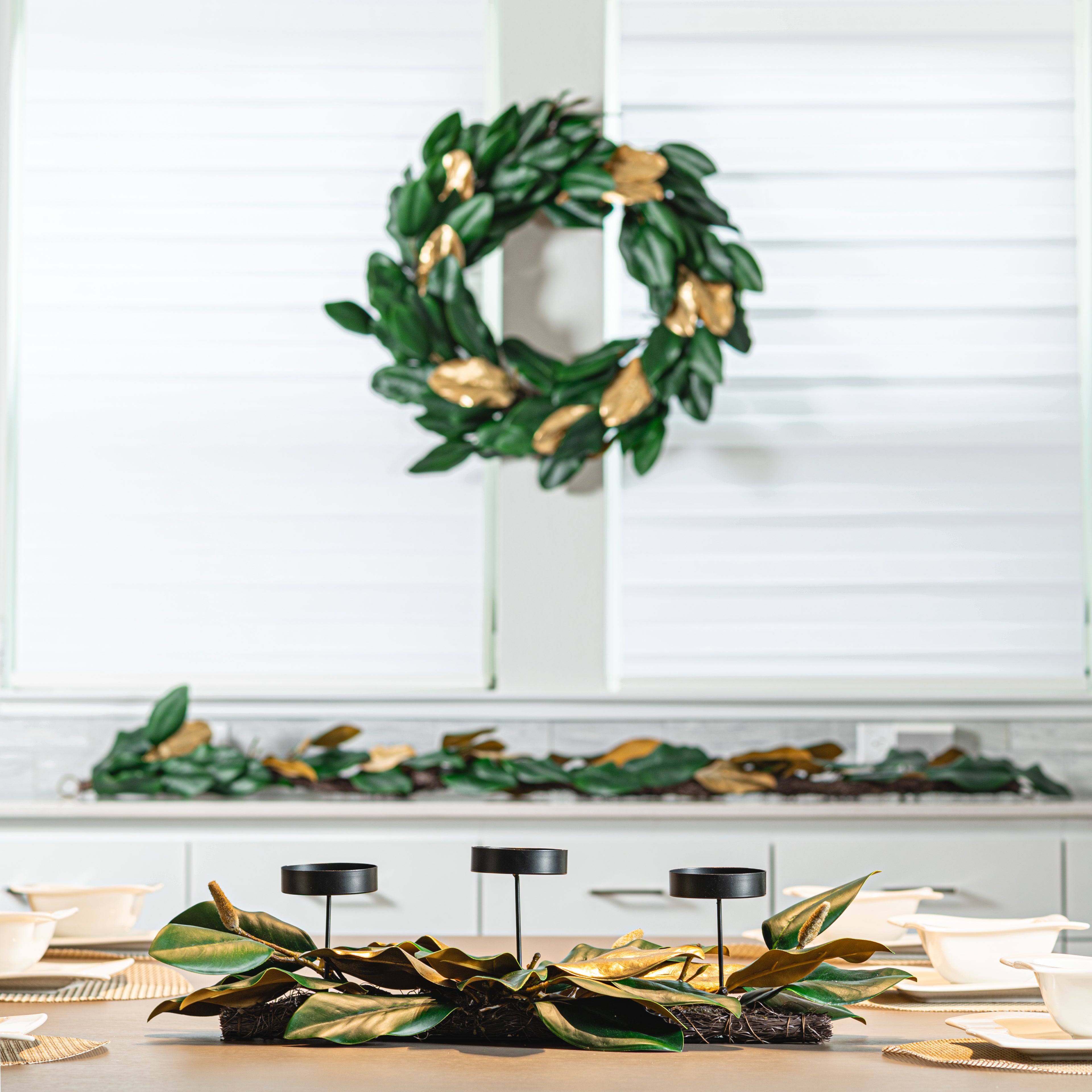 26" Green & Gold Magnolia Centerpiece
